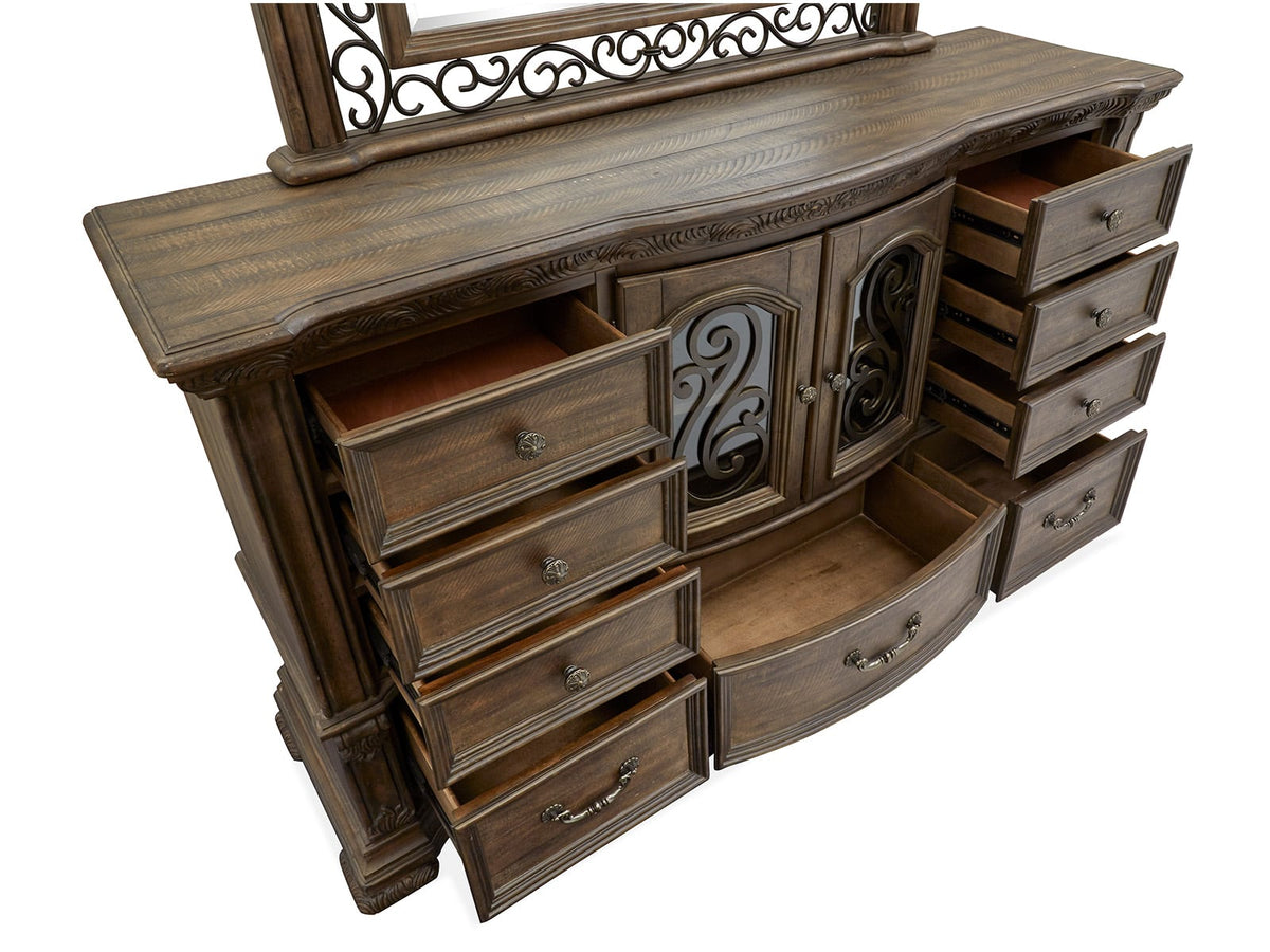 Magnussen Home Durango Willadeene Brown California King Upholstered Sleigh Storage Bed 2 Nightstands Drawer Dresser With Shaped Mirror And Drawer Chest