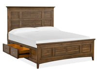 Magnussen Home Bay Creek Toasted Nutmeg King Panel Storage Bed 2 Small Nightstands Drawer Dresser With Landscape Mirror And Door Chest