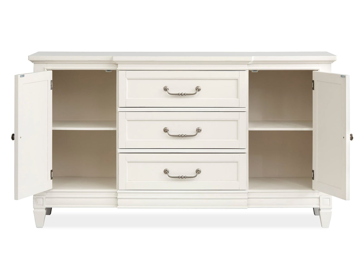 Magnussen Home Willowbrook Egg Shell White Extendable Rectangular Dining Table With 2 Upholstered Side Chairs Upholstered Bench And Buffet