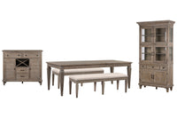 Magnussen Home Lancaster Dovetail Grey Extendable Rectangular Dining Table With 2 Benches Server And Dining Cabinet