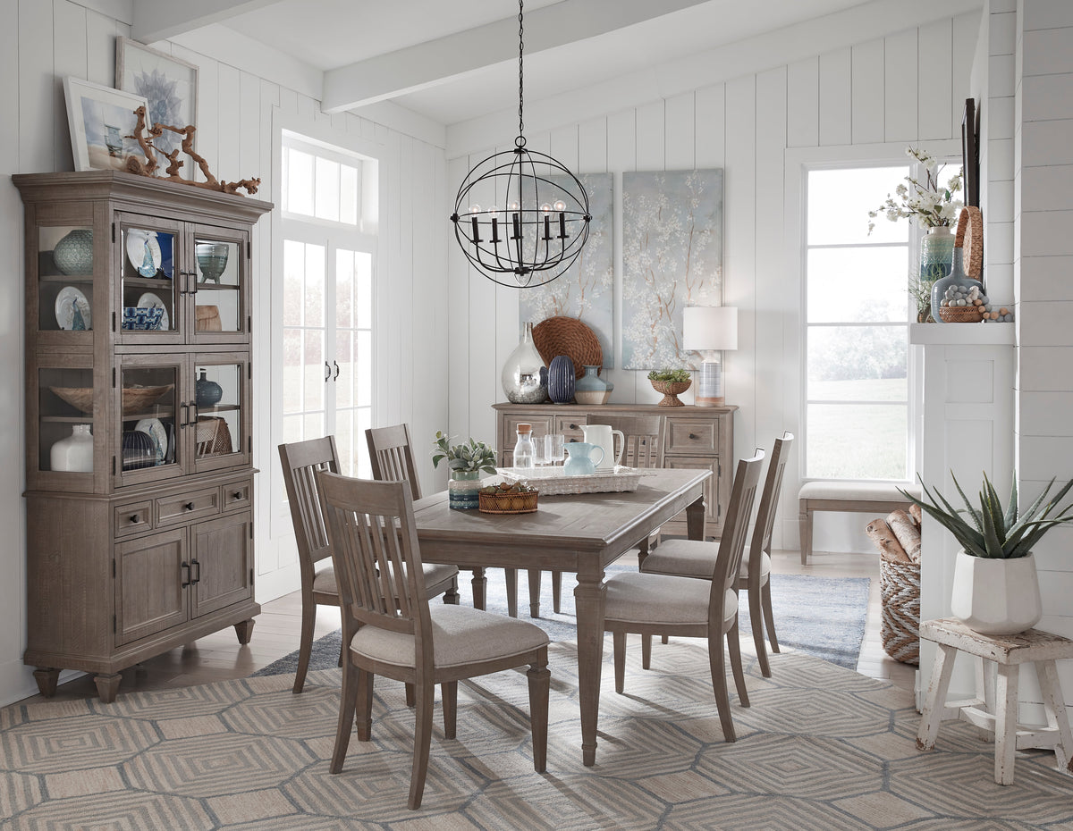 Magnussen Home Lancaster Dovetail Grey Extendable Rectangular Dining Table With 4 Side Chairs 2 Arm Chairs And Buffet