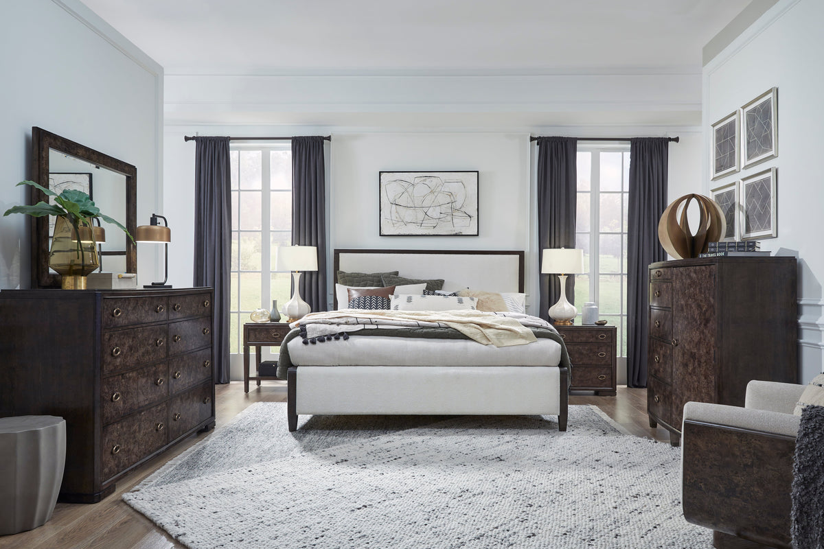Magnussen Home Rowan Espresso King Upholstered Panel Bed With 2 Open Nightstands