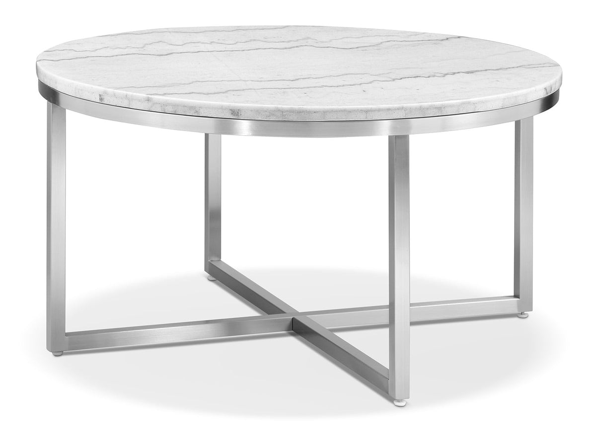 Magnussen Home Esme White Marble And Brushed Nickel Round Cocktail Table With 2 Rectangular End Table And Sofa Table