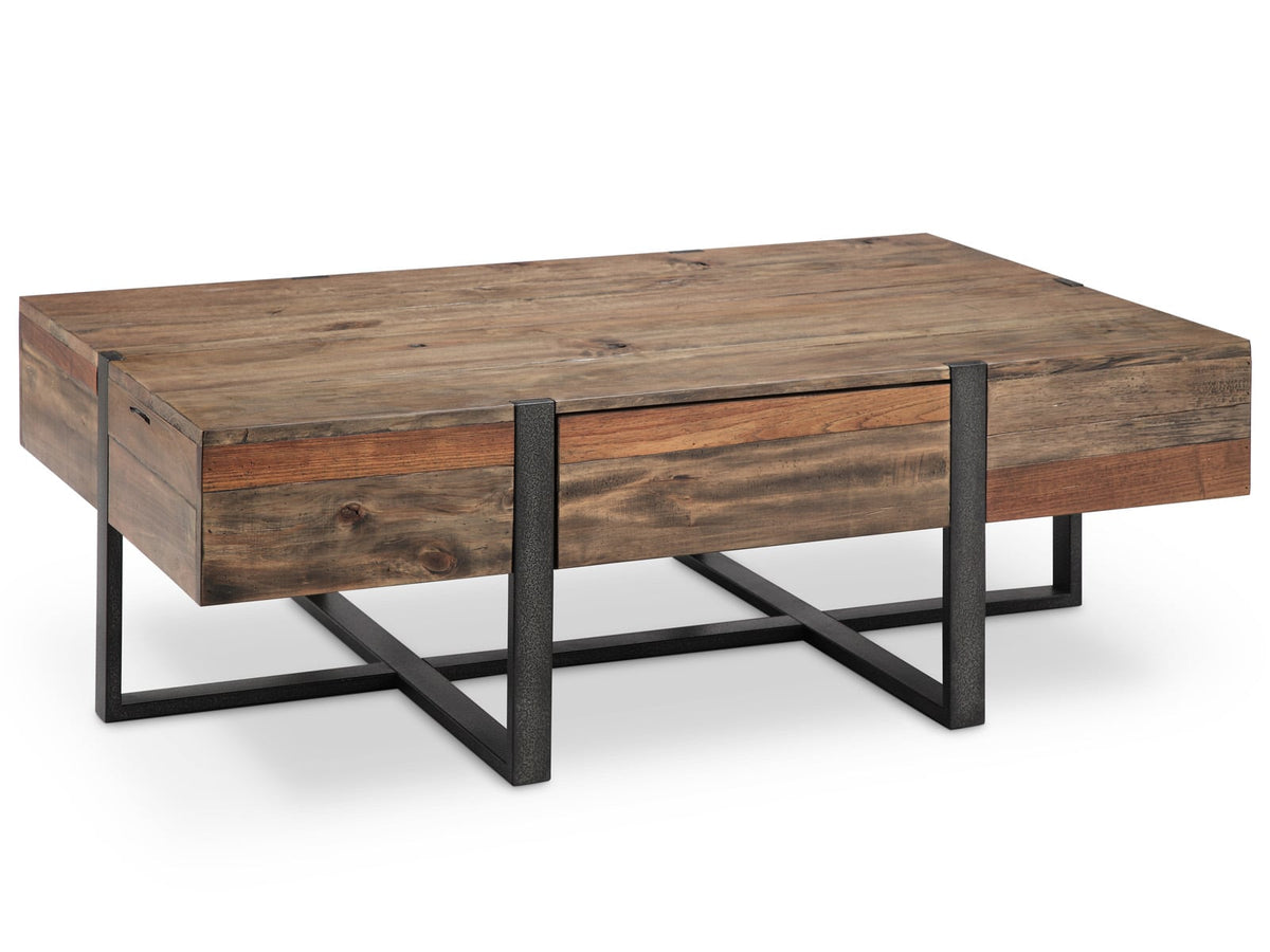 Magnussen Home Prescott Rustic Honey And Distressed Iron Rectangular Cocktail Table With 2 Chairside End Table
