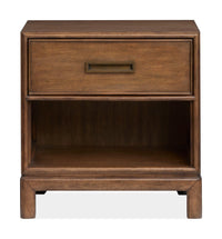 Magnussen Home Ridgefield Russet Queen Upholstered Panel Storage Bed With Open Nightstand