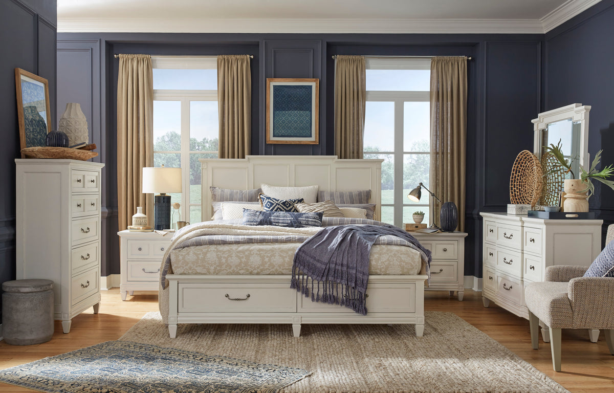 Magnussen Home Willowbrook Egg Shell White California King Panel Storage Bed With Open Nightstand