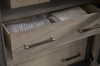 Pulaski Anderson Park Moose Trail And Frontier Brown California King Upholstered Panel Bed 2 Open Nightstands Drawer Dresser With Mirror And Drawer Chest