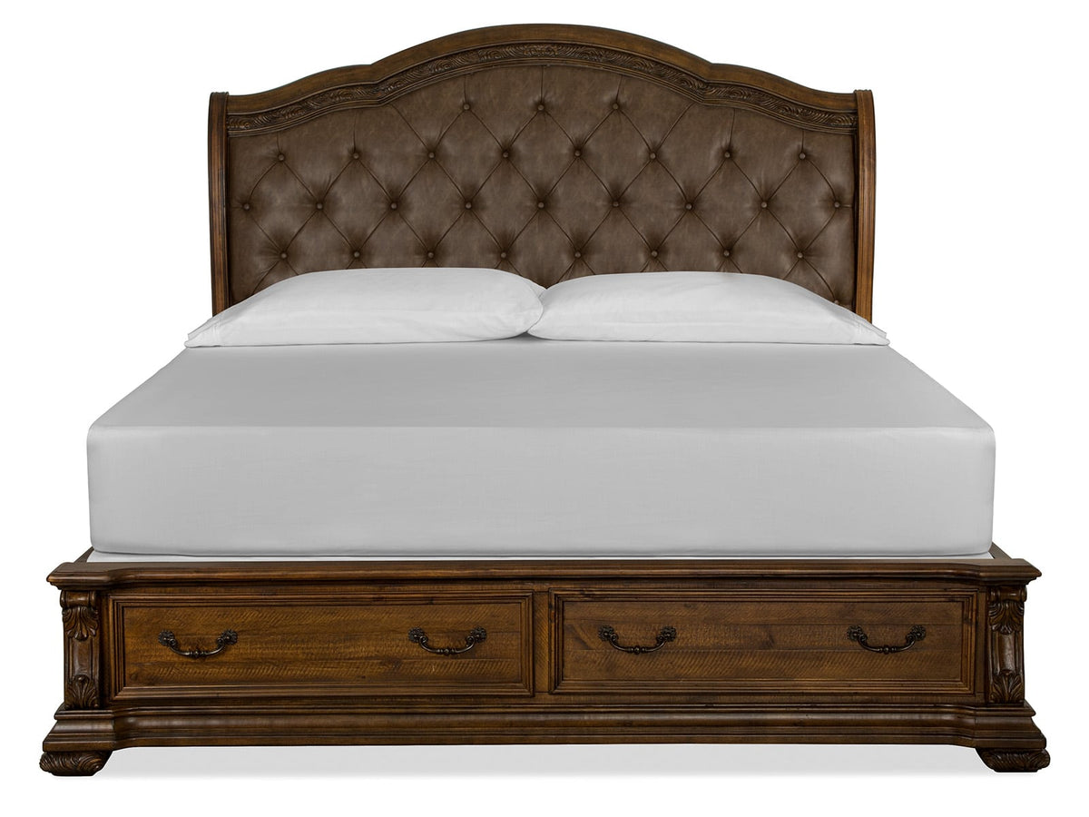 Magnussen Home Durango Willadeene Brown California King Upholstered Sleigh Storage Bed 2 Nightstands Drawer Dresser With Shaped Mirror And Drawer Chest