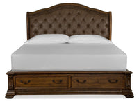 Magnussen Home Durango Willadeene Brown California King Upholstered Sleigh Storage Bed 2 Nightstands Drawer Dresser With Shaped Mirror And Drawer Chest