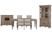 Magnussen Home Lancaster Dovetail Grey Extendable Rectangular Dining Table With 2 Arm Chairs Upholstered Bench Server And Dining Cabinet