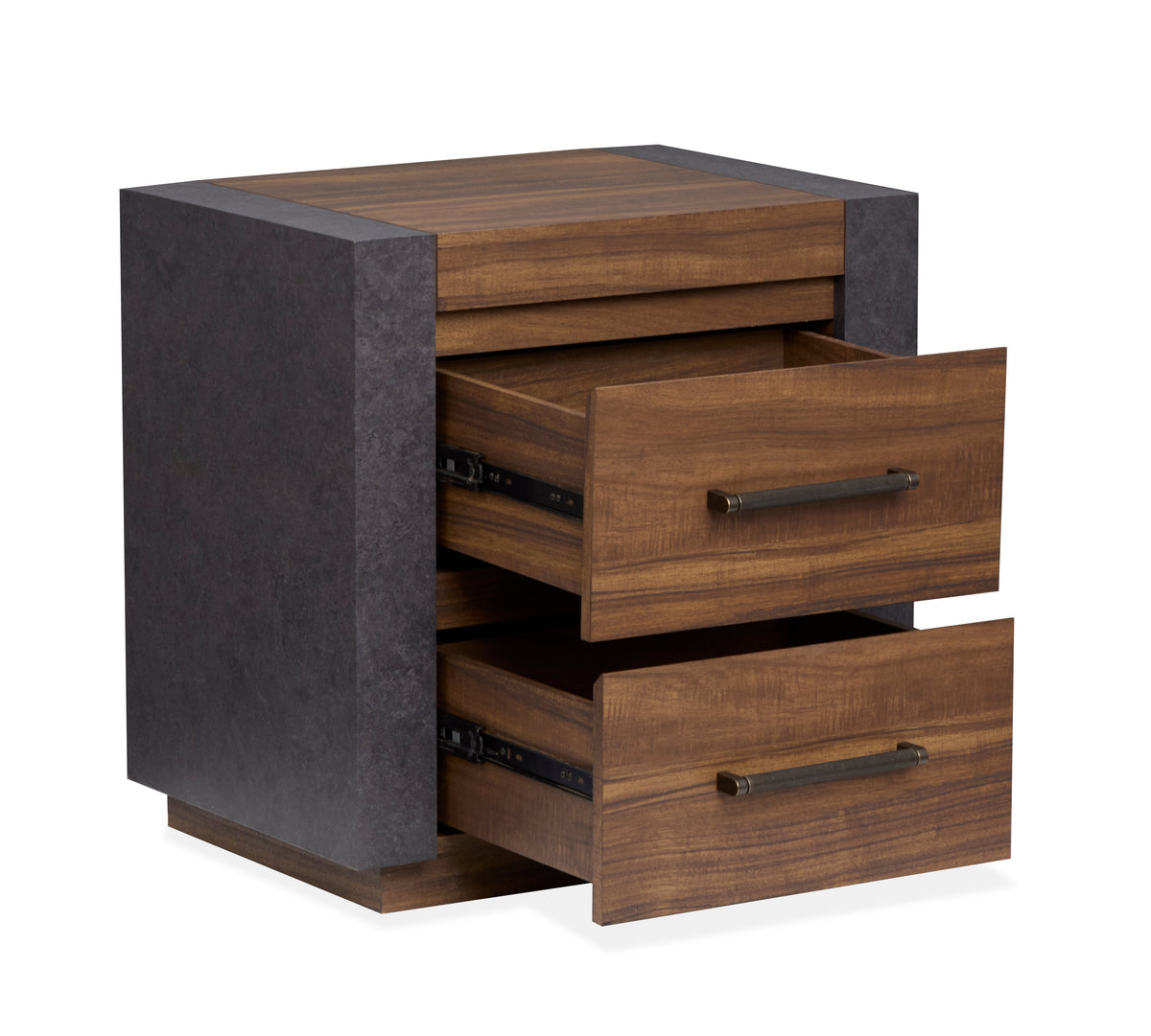 Magnussen Home Jensen Tavern Brown King Panel Bed 2 Nightstands Double Drawer Dresser With Landscape Mirror And Drawer Chest