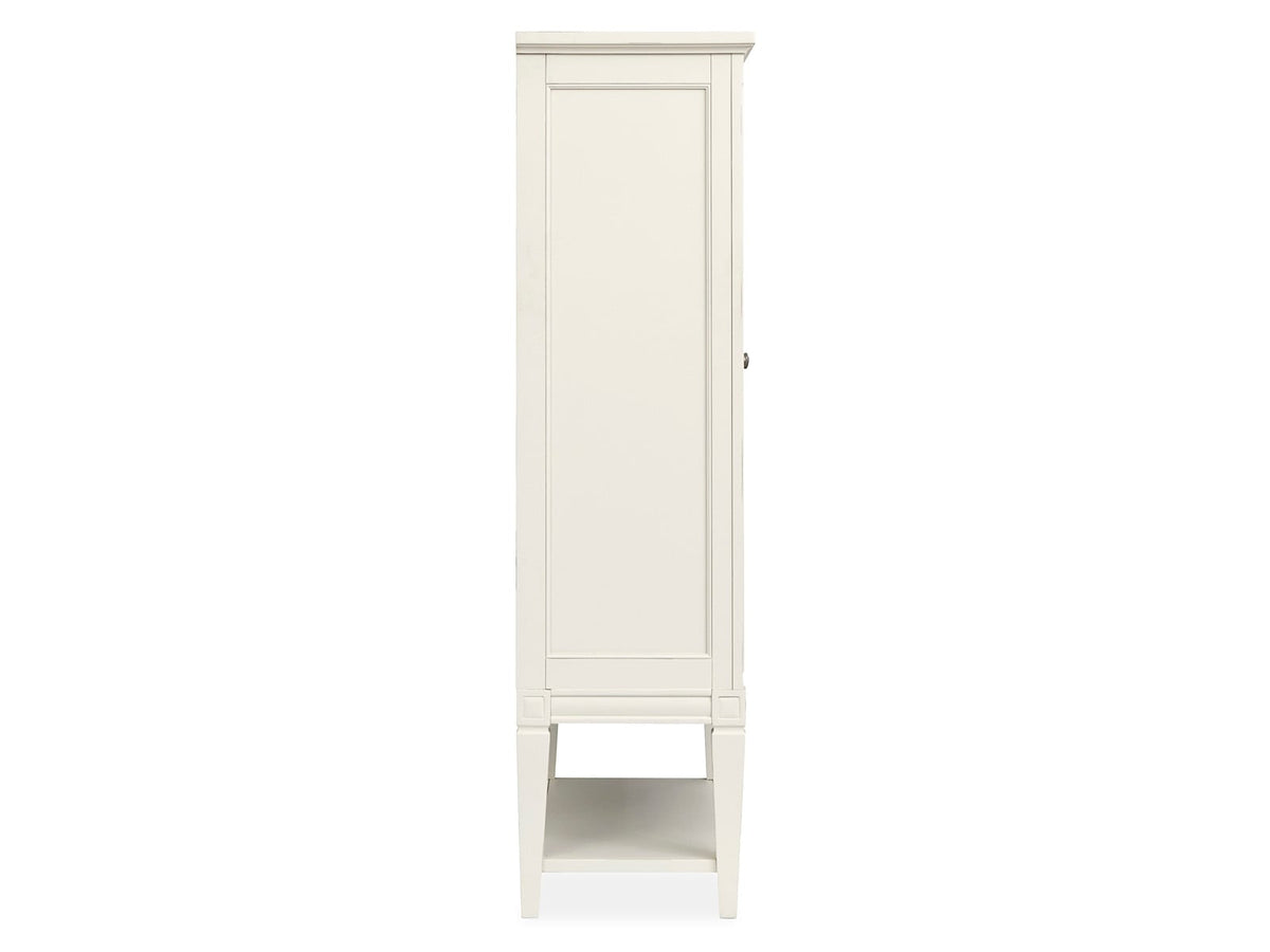 Magnussen Home Willowbrook Egg Shell White Extendable Rectangular Dining Table With 6 Upholstered Side Chairs Upholstered Bench Buffet And Display Cabinet