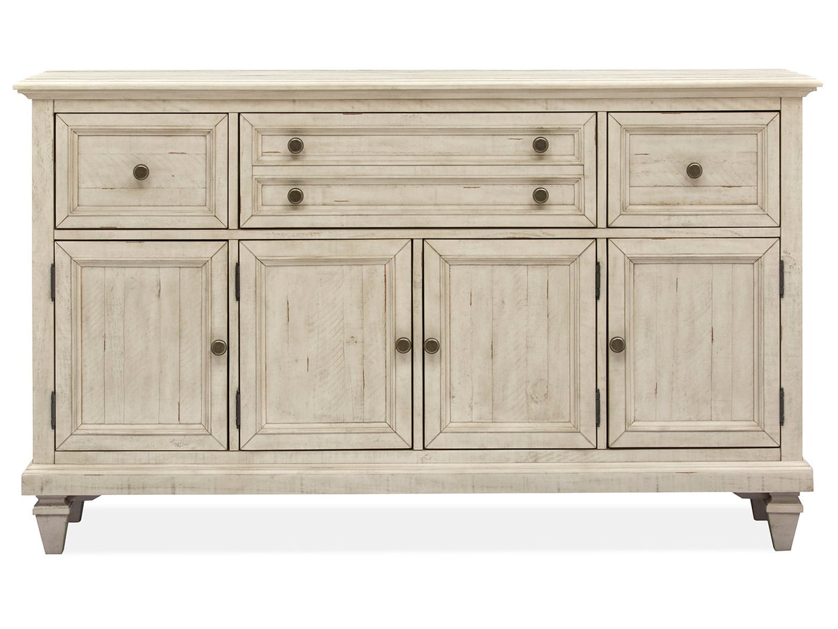 Magnussen Home Newport Alabaster Extendable Rectangular Dining Table With 2 Upholstered Benches 2 Side Chairs And Buffet