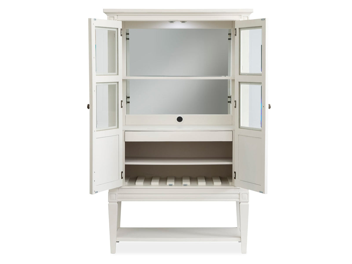 Magnussen Home Willowbrook Egg Shell White Extendable Rectangular Dining Table With 6 Upholstered Side Chairs Upholstered Bench Buffet And Display Cabinet