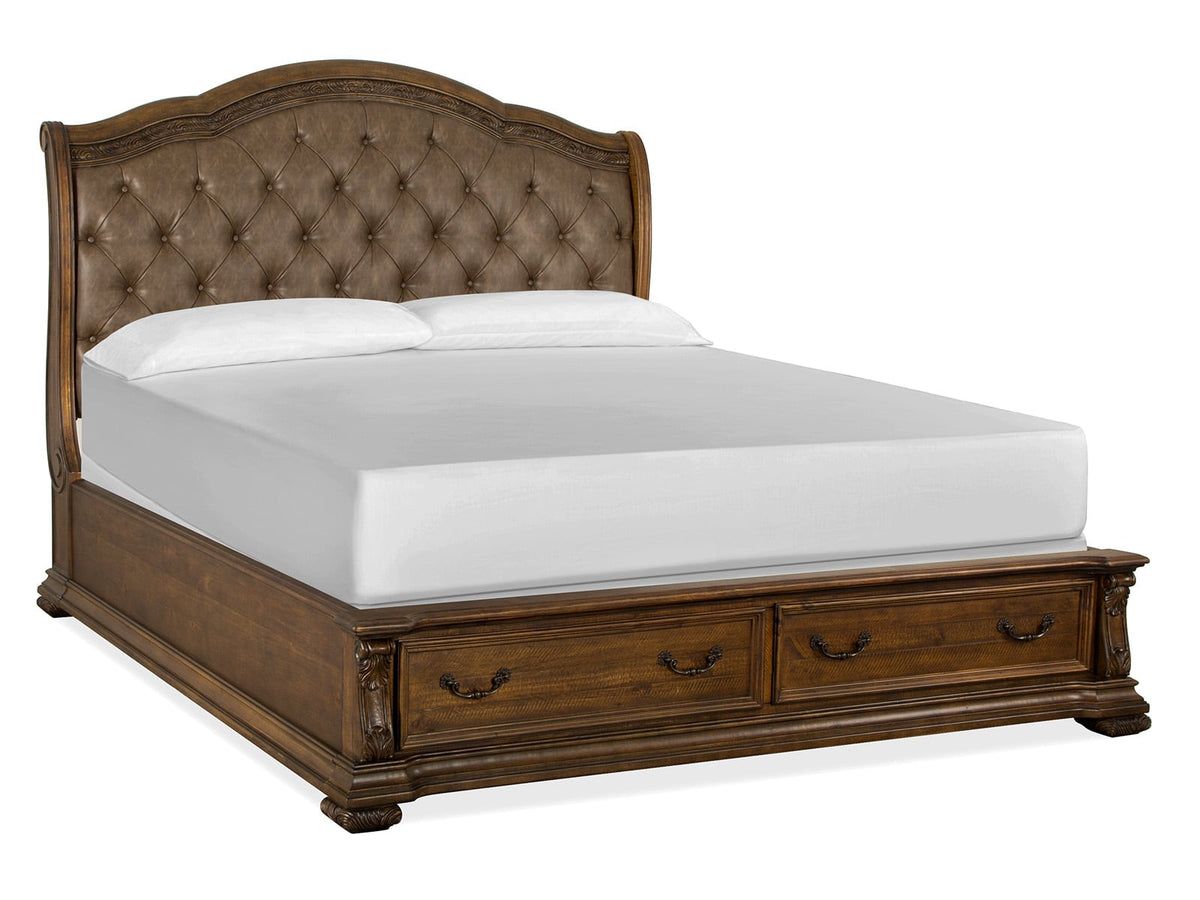 Magnussen Home Durango Willadeene Brown California King Upholstered Sleigh Storage Bed 2 Nightstands Drawer Dresser With Shaped Mirror And Drawer Chest