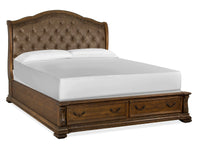 Magnussen Home Durango Willadeene Brown California King Upholstered Sleigh Storage Bed 2 Nightstands Drawer Dresser With Shaped Mirror And Drawer Chest