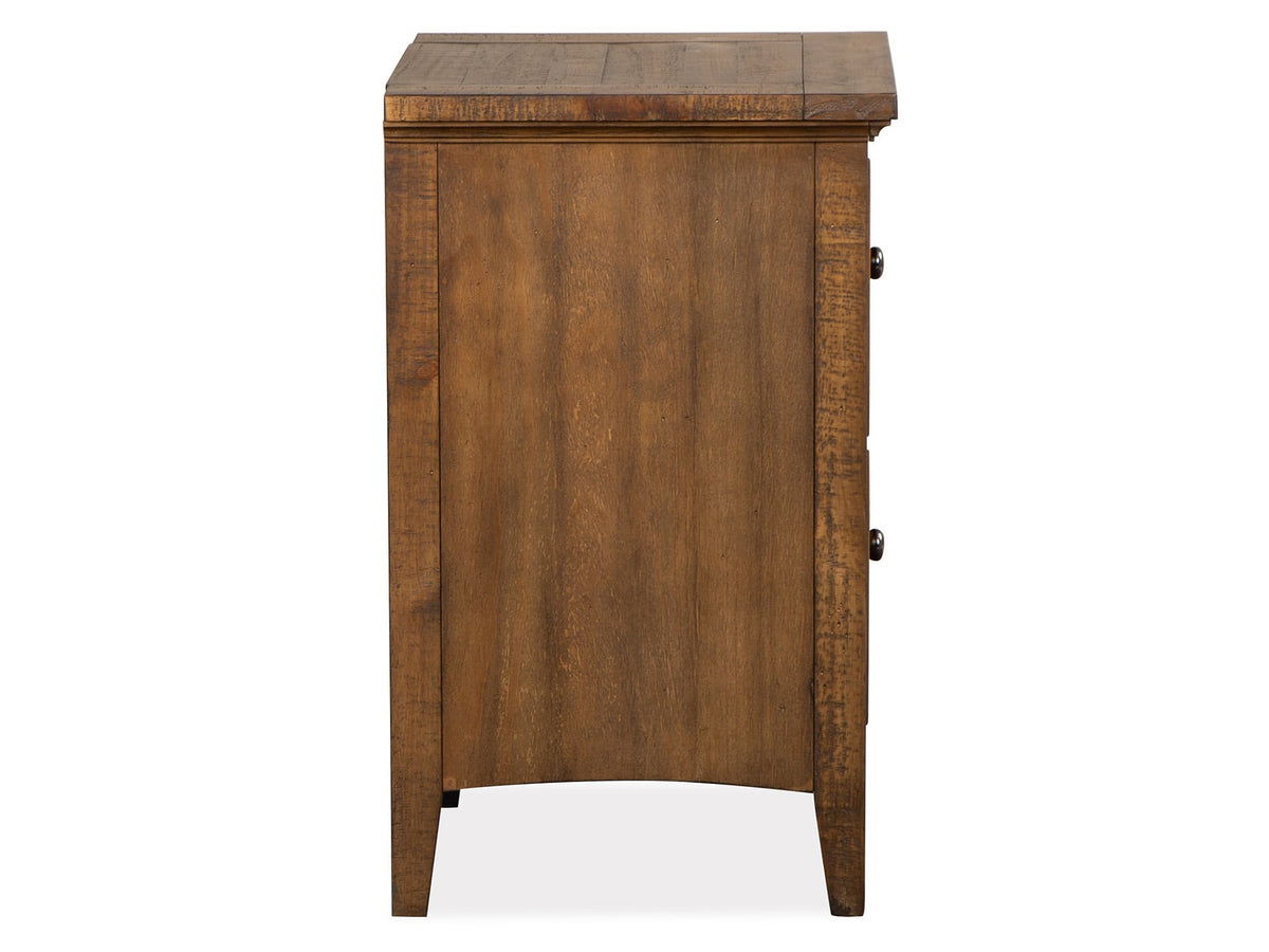 Magnussen Home Bay Creek Toasted Nutmeg King Panel Storage Bed 2 Small Nightstands Drawer Dresser With Landscape Mirror And Door Chest