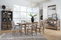 Magnussen Home Lindon Belgian Wheat Extendable Rectangular Dining Table With 2 Arm Benches And 2 Grey Side Chairs