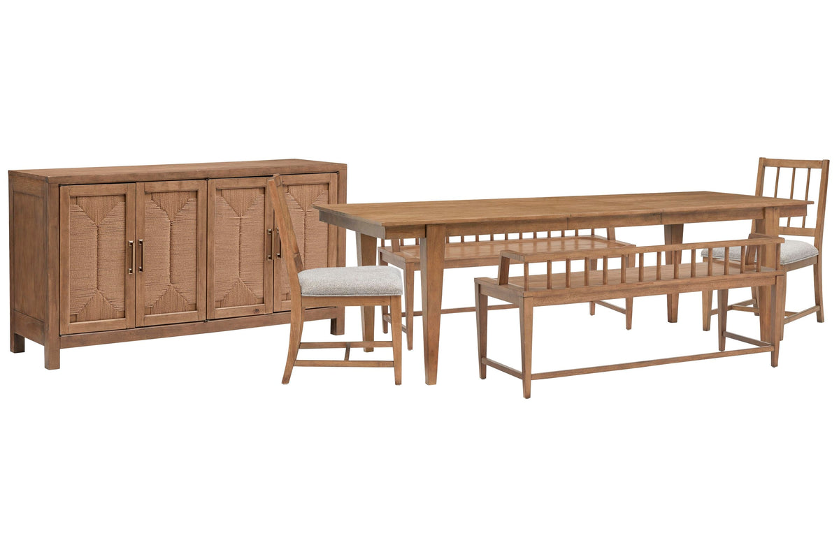 Magnussen Home Lindon Belgian Wheat Extendable Rectangular Dining Table With 2 Arm Benches 2 Grey Side Chairs And Buffet