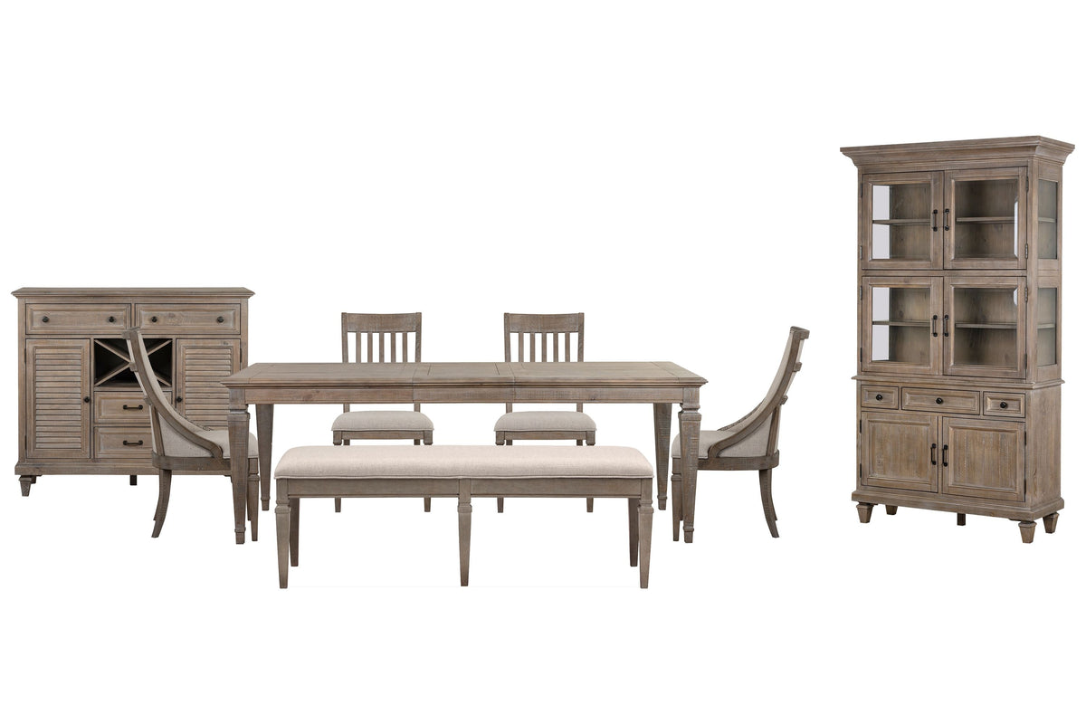 Magnussen Home Lancaster Dovetail Grey Extendable Rectangular Dining Table With 2 Side Chairs 2 Host Chairs Bench Server And Dining Cabinet