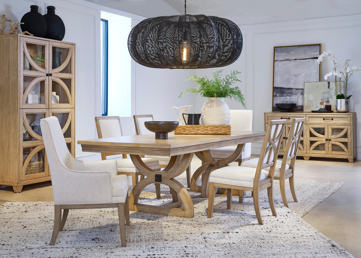 Magnussen Home Coventry Honey Maple Extendable Trestle Dining Table With 4 Side Chairs And Buffet