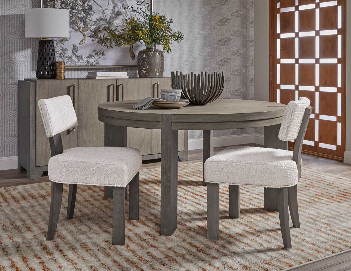 Pulaski Anderson Park Moose Trail And Frontier Brown Round Dining Table With 2 Klismos Dining Chairs 2 Upholstered Side Chairs Sideboard And China Cabinet