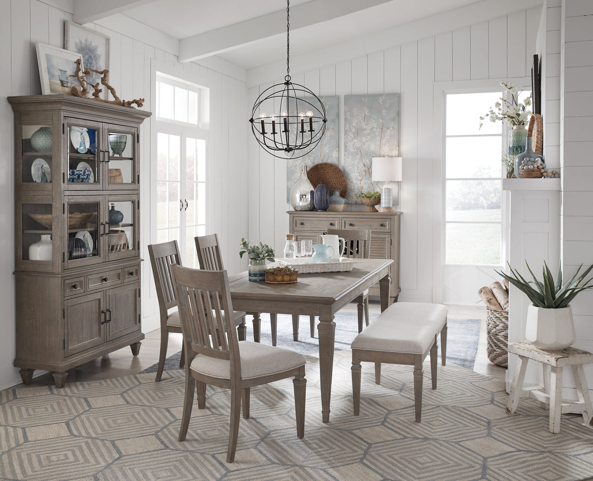 Magnussen Home Lancaster Dovetail Grey Extendable Rectangular Dining Table 2 Benches 2 Arm Chairs Server And Dining Cabinet