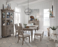 Magnussen Home Lancaster Dovetail Grey Extendable Rectangular Dining Table With 4 Arm Chairs Upholstered Bench And Buffet