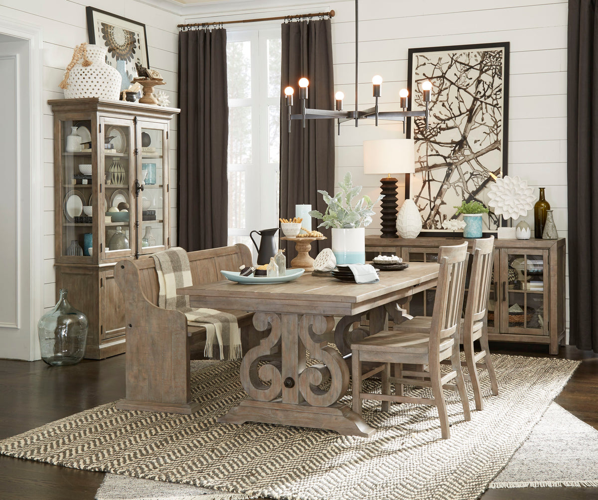 Magnussen Home Tinley Park Dove Tail Grey Extendable Rectangular Dining Table With 2 Side Chairs Bench Server And Dining Cabinet
