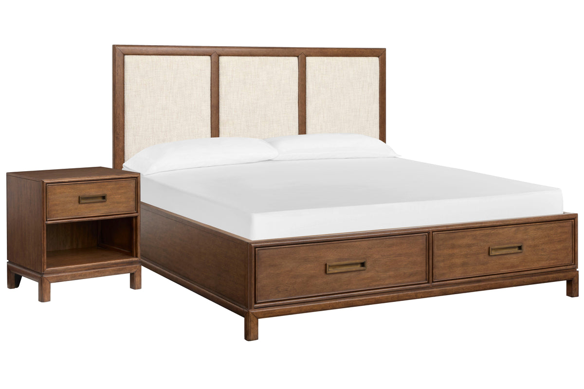 Magnussen Home Ridgefield Russet Queen Upholstered Panel Storage Bed With Open Nightstand