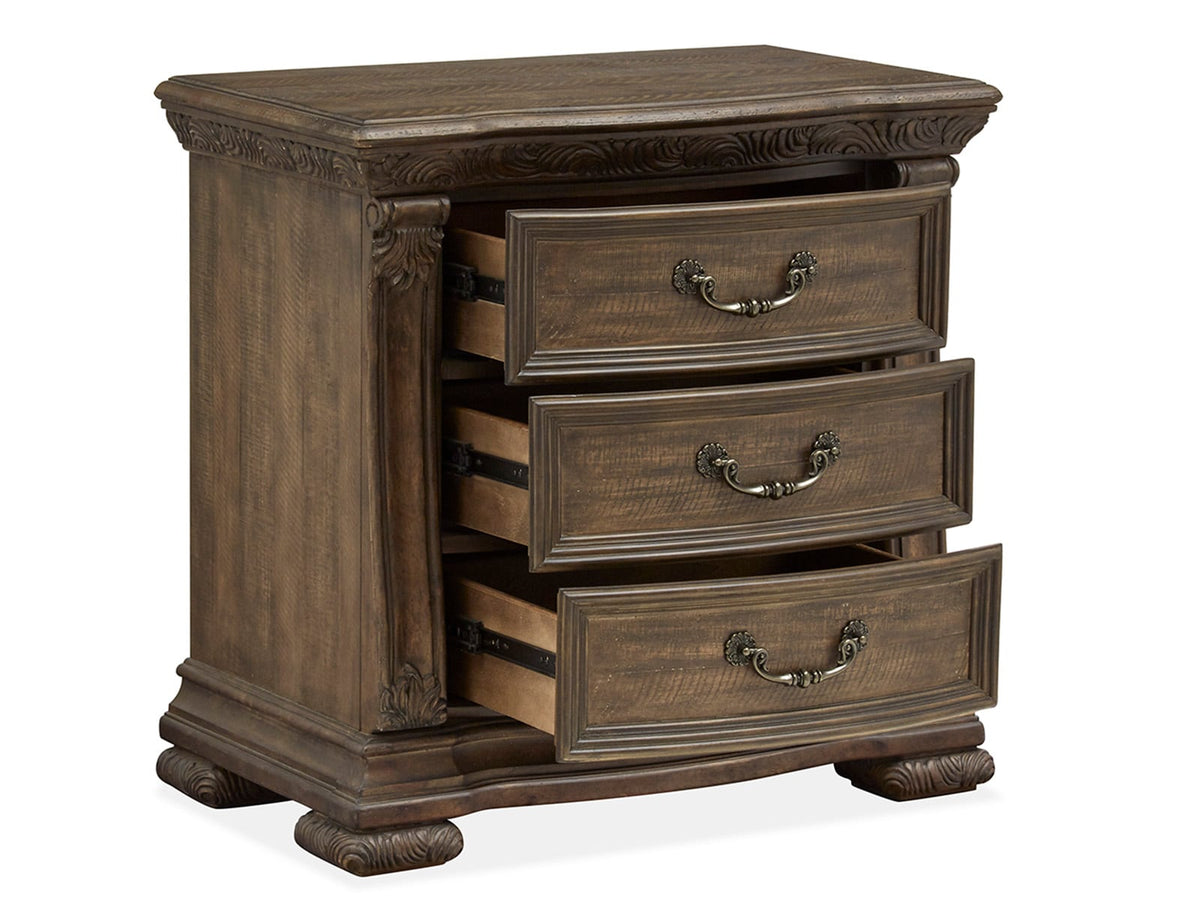 Magnussen Home Durango Willadeene Brown California King Upholstered Sleigh Storage Bed 2 Nightstands Drawer Dresser With Shaped Mirror And Drawer Chest