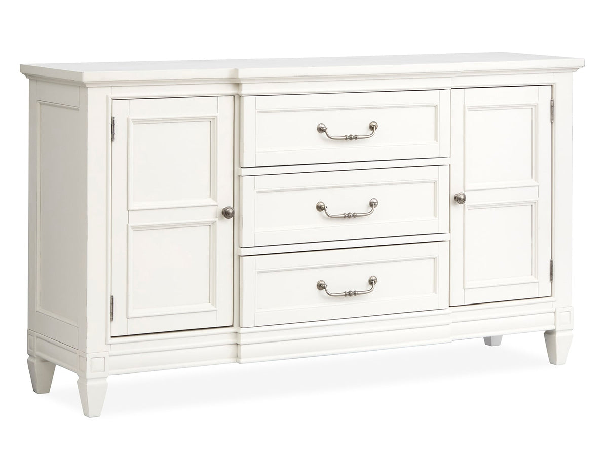 Magnussen Home Willowbrook Egg Shell White Extendable Rectangular Dining Table With 2 Upholstere Benches 2 Side Chairs And Buffet