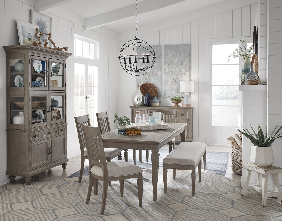 Magnussen Home Lancaster Dovetail Grey Extendable Rectangular Dining Table 2 Benches 2 Arm Chairs Server And Dining Cabinet