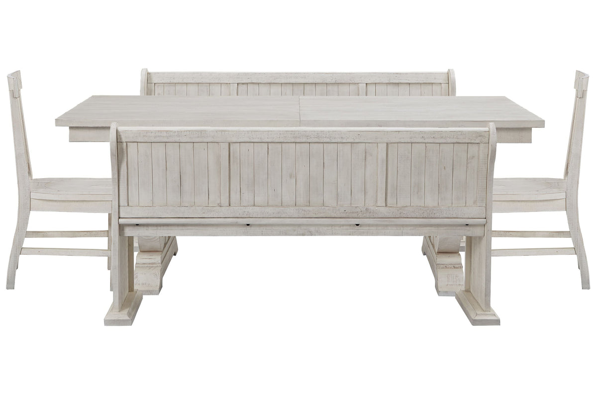 Magnussen Home Bronwyn Alabaster Extendable Rectangular Dining Table With 2 Benches And 2 Side Chairs