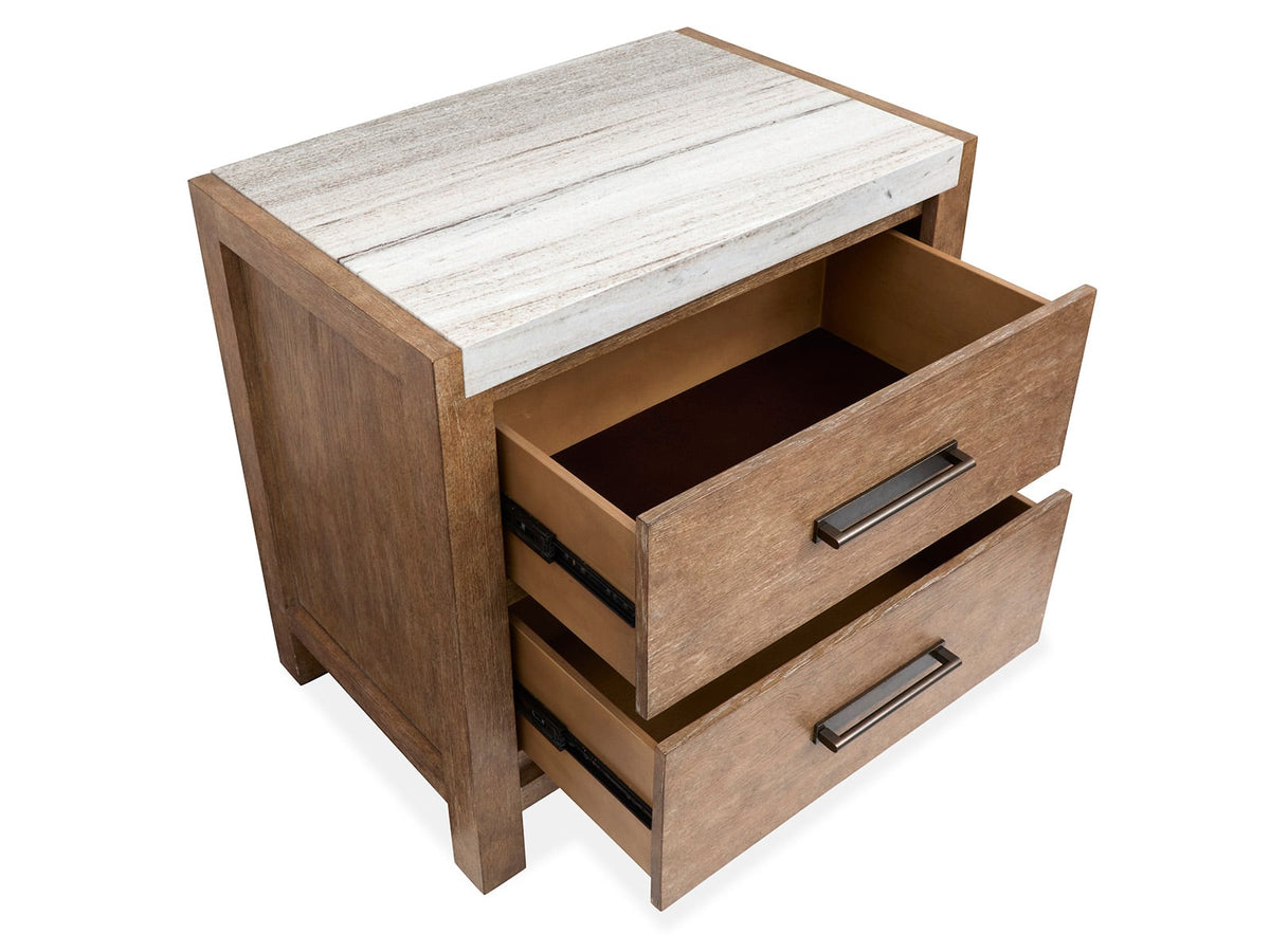 Magnussen Home Plum Creek Sierra Brown Queen Panel Bed 2 Nightstands And Drawer Dresser With Landscape Mirror