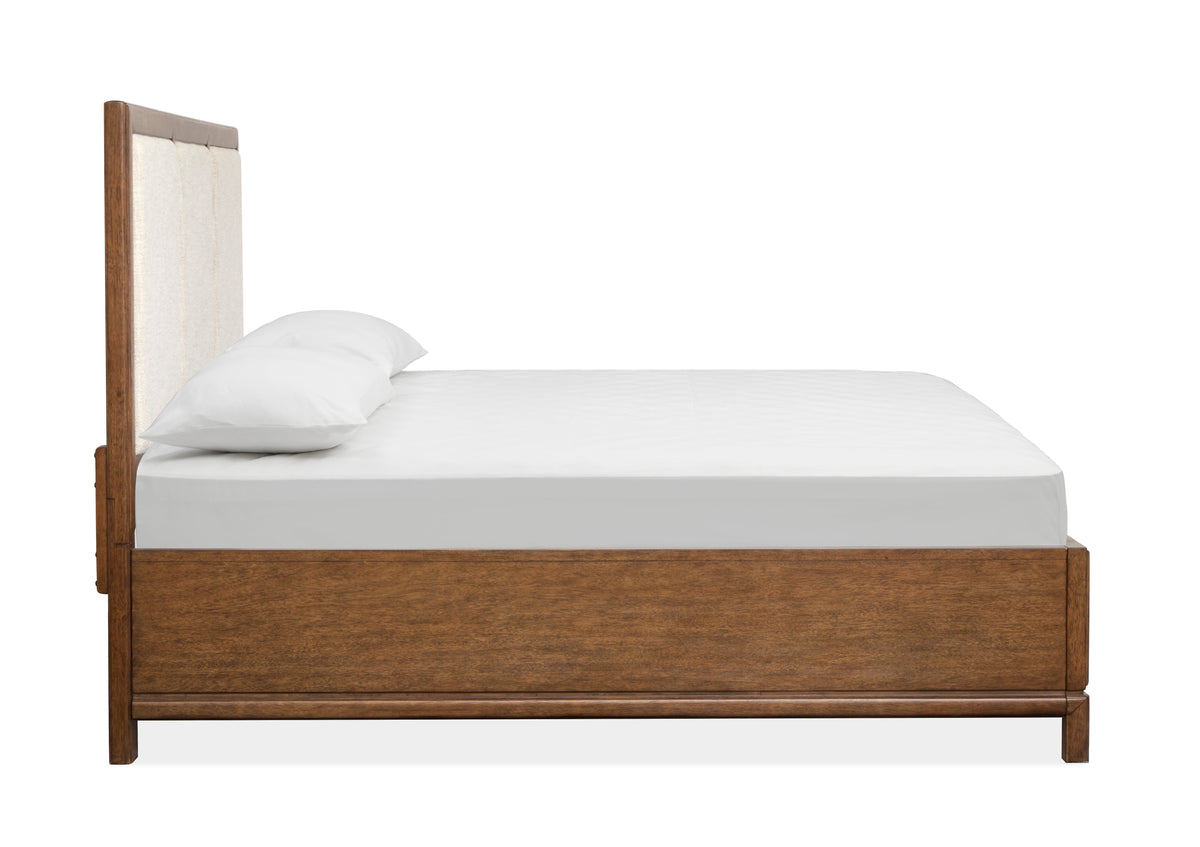 Magnussen Home Ridgefield Russet Queen Upholstered Panel Storage Bed With Open Nightstand