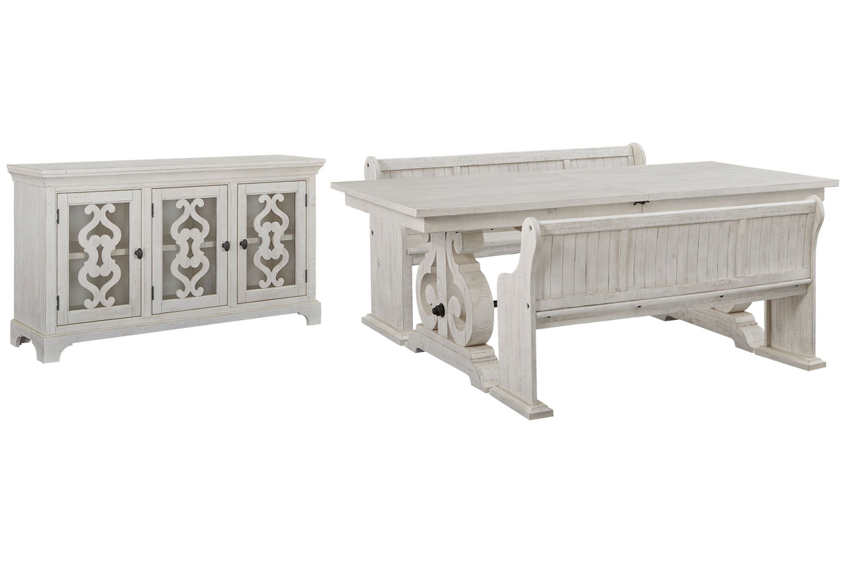 Magnussen Home Bronwyn Alabaster Extendable Rectangular Dining Table With 2 Benches And Server