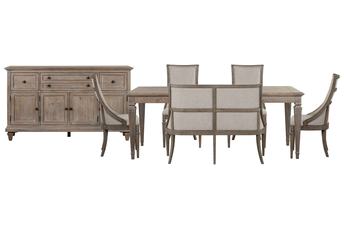 Magnussen Home Lancaster Dovetail Grey Extendable Rectangular Dining Table With 4 Arm Chairs Upholstered Bench And Buffet