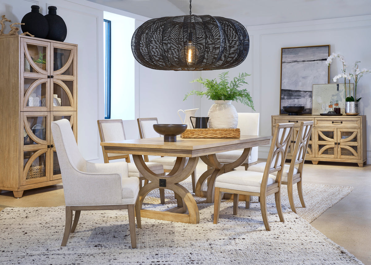 Magnussen Home Coventry Honey Maple Extendable Trestle Dining Table With 6 Upholstered Side Chairs