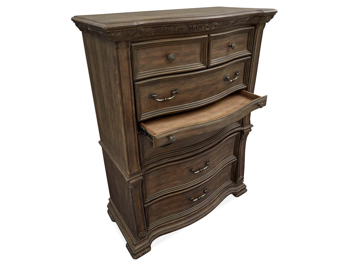 Magnussen Home Durango Willadeene Brown California King Upholstered Sleigh Storage Bed 2 Nightstands Drawer Dresser With Shaped Mirror And Drawer Chest