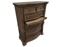 Magnussen Home Durango Willadeene Brown California King Upholstered Sleigh Storage Bed 2 Nightstands Drawer Dresser With Shaped Mirror And Drawer Chest