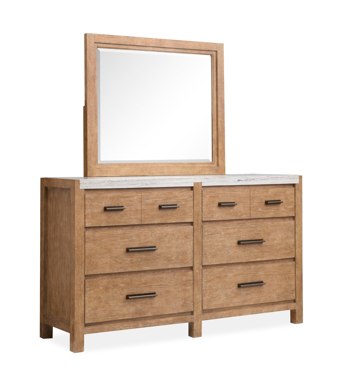 Magnussen Home Plum Creek Sierra Brown Queen Panel Bed 2 Nightstands And Drawer Dresser With Landscape Mirror