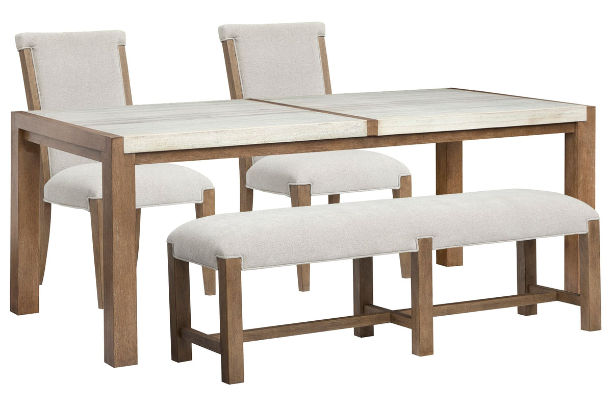 Magnussen Home Plum Creek Sierra Brown Rectangular Dining Table With 2 Upholstered Side Chairs And Bench
