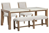 Magnussen Home Plum Creek Sierra Brown Rectangular Dining Table With 2 Upholstered Side Chairs And Bench