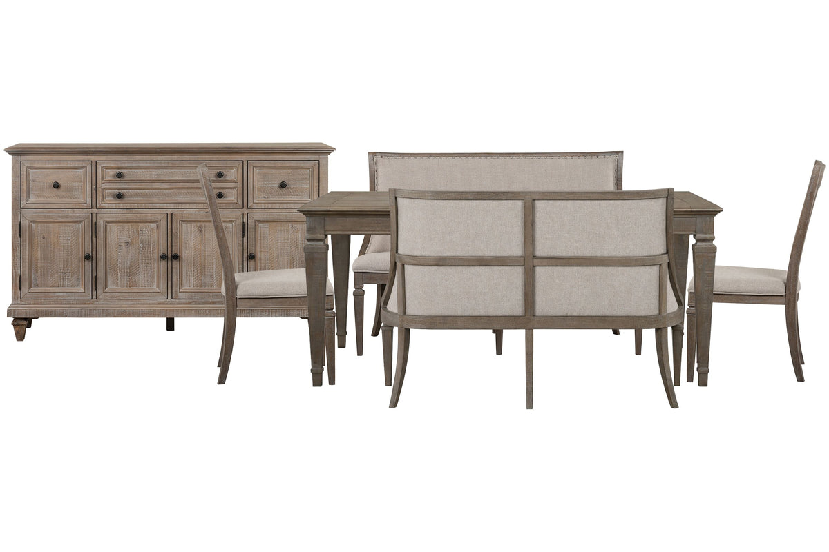 Magnussen Home Lancaster Dovetail Grey Extendable Rectangular Dining Table 2 Upholstered Benches And 2 Side Chairs And Server