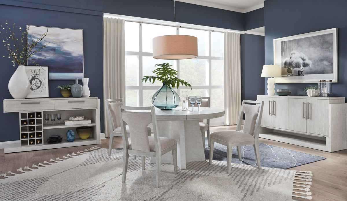 Magnussen Home Lorelei Misty Cloud Extendable 54" Round Dining Table With 2 Side Chairs And 2 Host Chairs