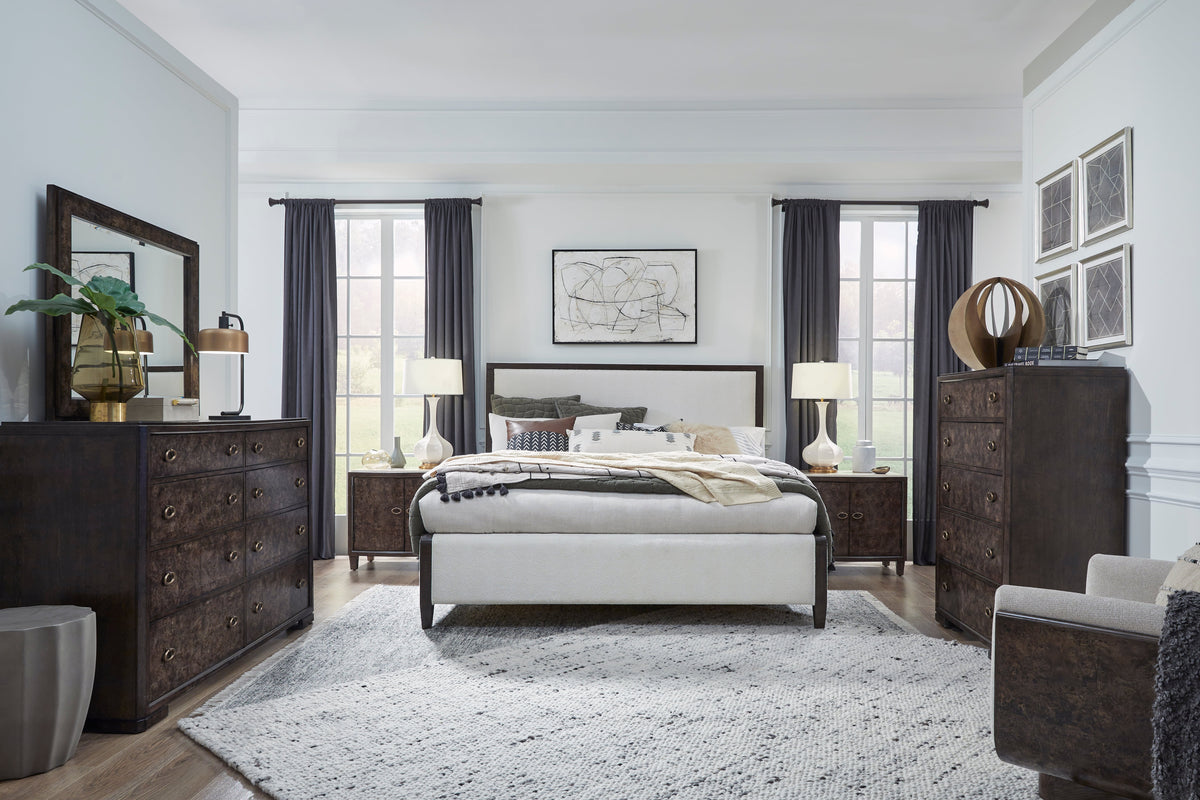 Magnussen Home Rowan Espresso King Upholstered Panel Bed With 2 Open Nightstands