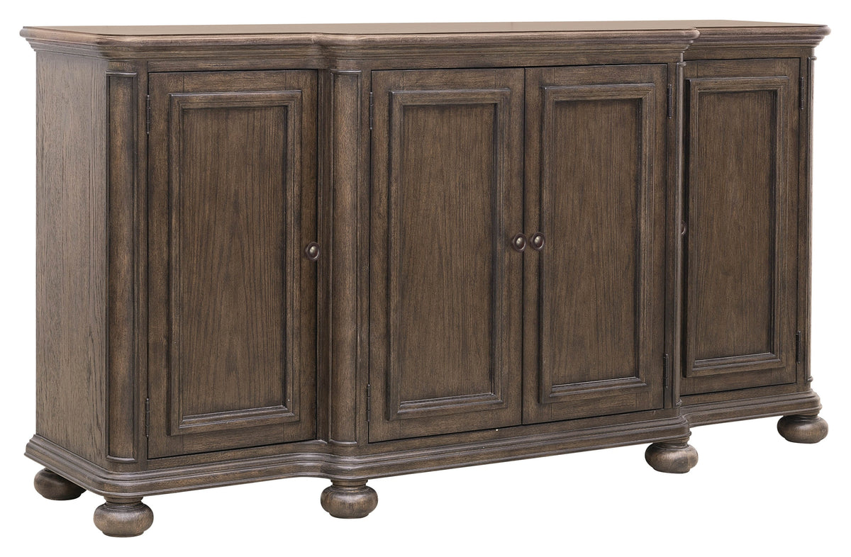 Pulaski Saddle Creek Timber Brown Extendable Leg Dining Table With 6 Upholstered Arm Chairs And Server