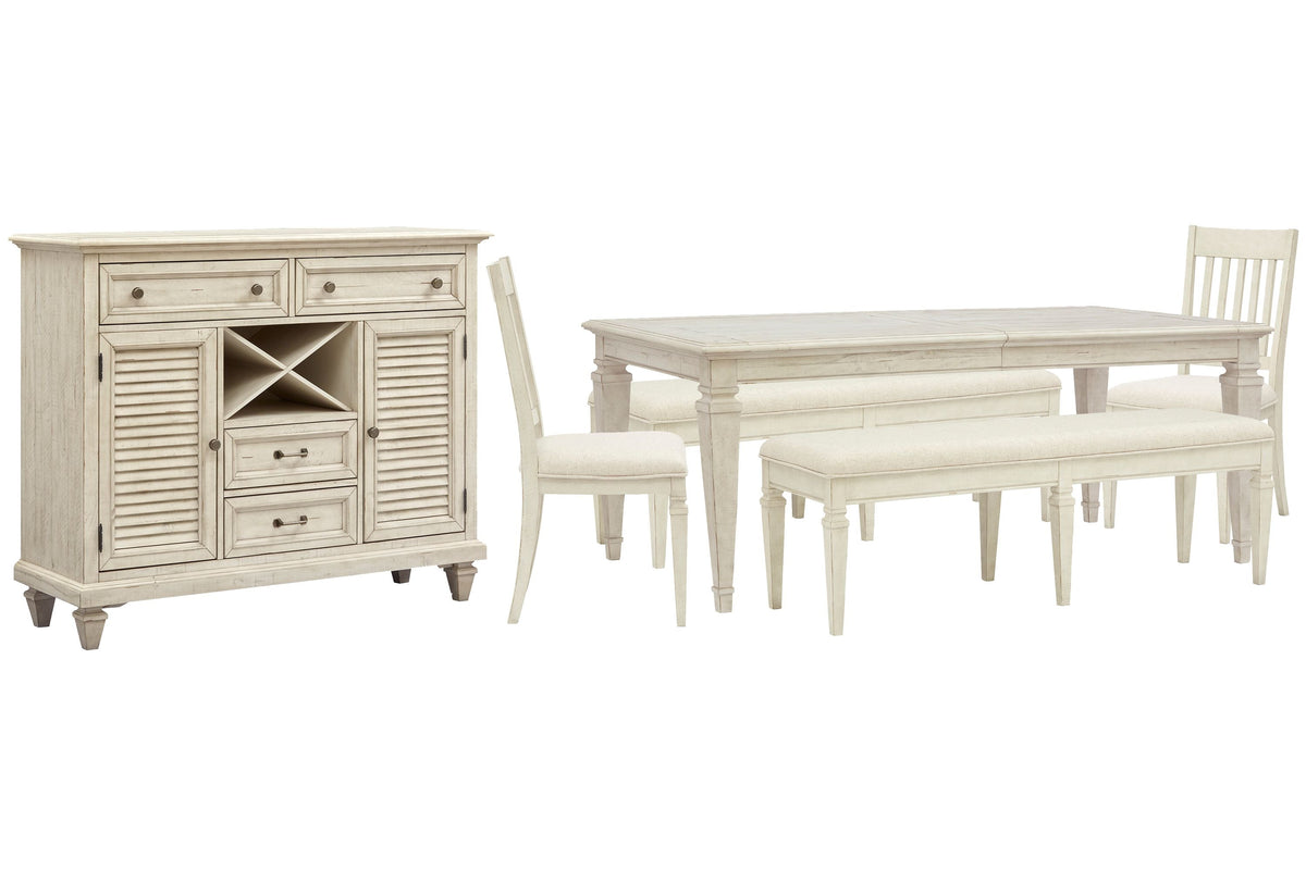 Magnussen Home Newport Alabaster Extendable Rectangular Dining Table With 2 Benches 2 Side Chairs And Server