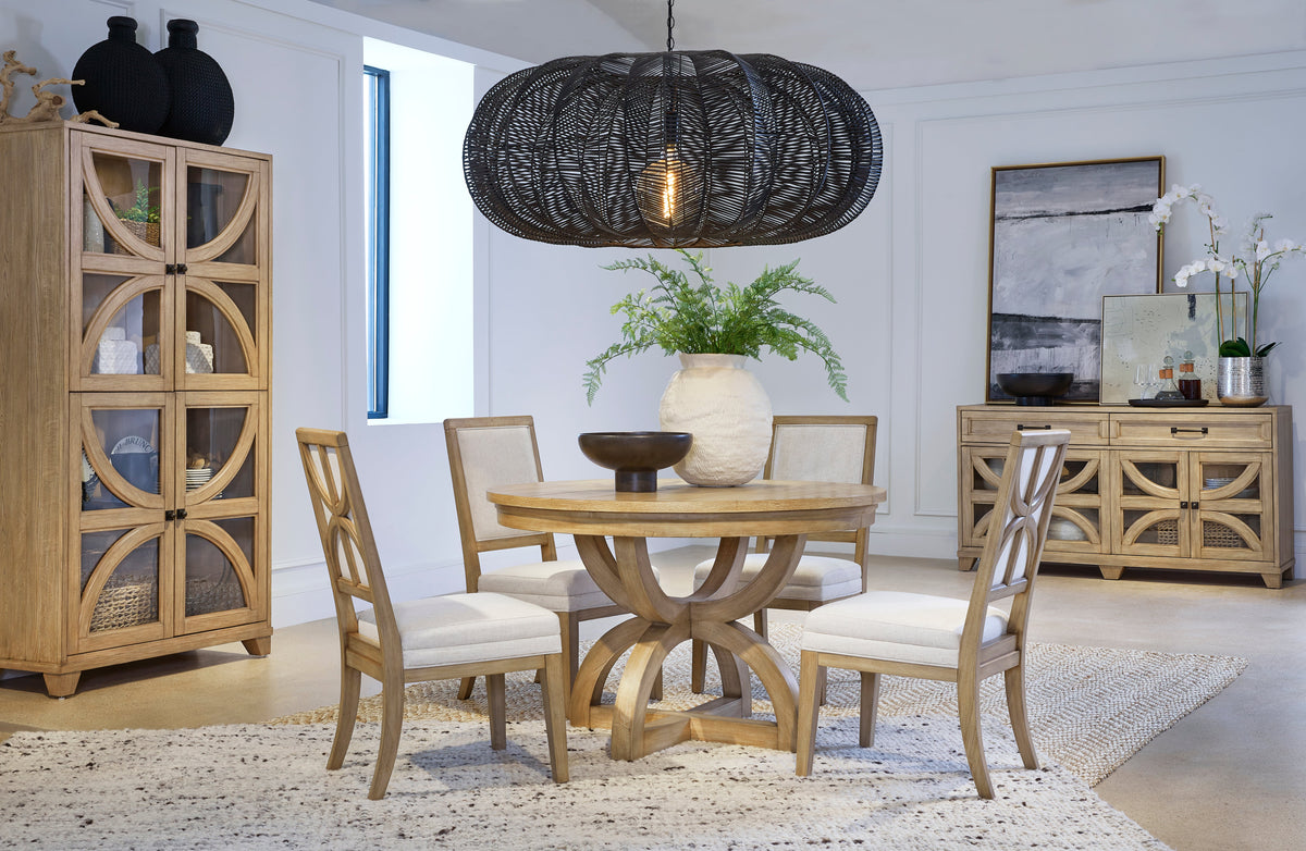 Magnussen Home Coventry Honey Maple Extendable 48" Round Dining Table With 4 Side Chairs And Buffet